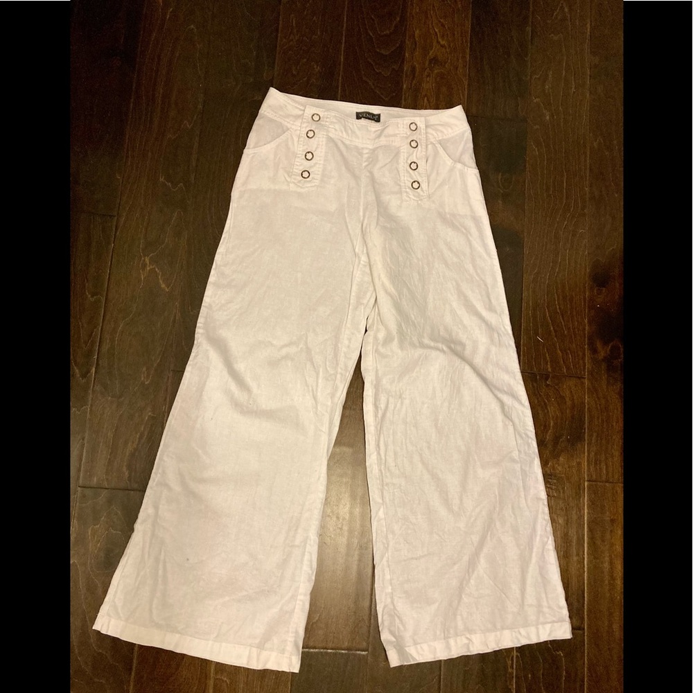 VENUS~White LINEN/COTTON BLEND Pants~Wide Leg~DOUBLE SNAP
